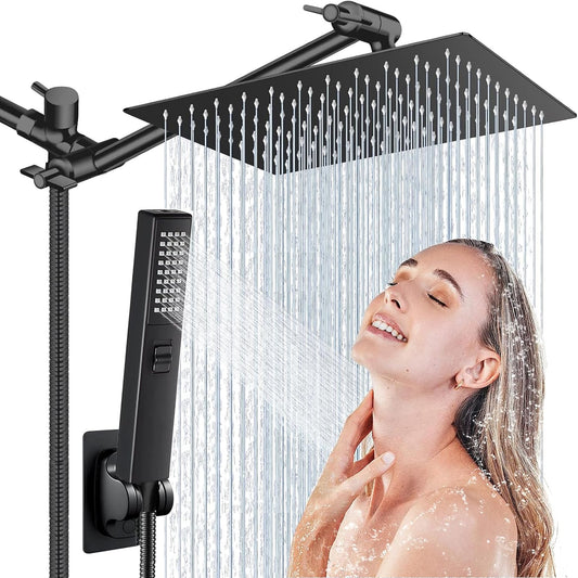 Shower Head Combo,10 Inch High Pressure Rain Shower Head with 11 Inch Adjustable Extension Arm and 3 Settings Handheld,Powerful Shower Spray Against Low Pressure Water with Long Hose