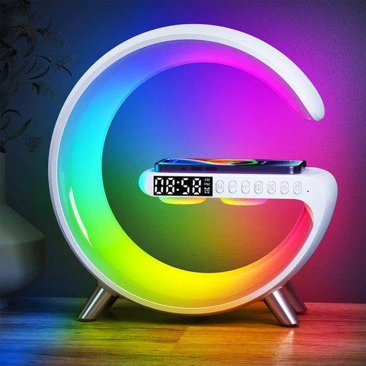 Wireless Charger Stand Alarm Clock Bluetooth Speaker RGB LED Lamp